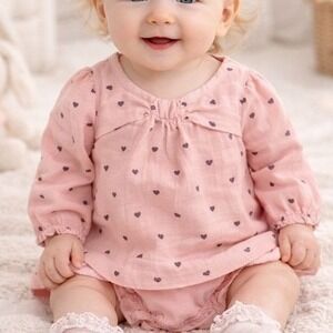 NEW Cat Jack‎ Baby Girl Pink Heart Print Long Sleeve Dress & Bloomers Set 3-6M
